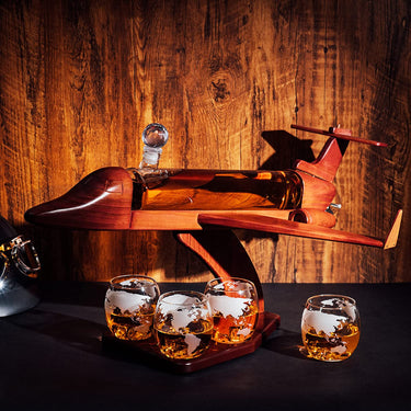 Jet Airplane Wine & Whiskey Decanter 1000ml Set with 4, 12 oz World Map Glasses by The Wine Savant - Pilot Gifts, Aviation Gifts, Airplane Figurine, Gifts for Jet, Airplane and Travel Enthusiasts-1